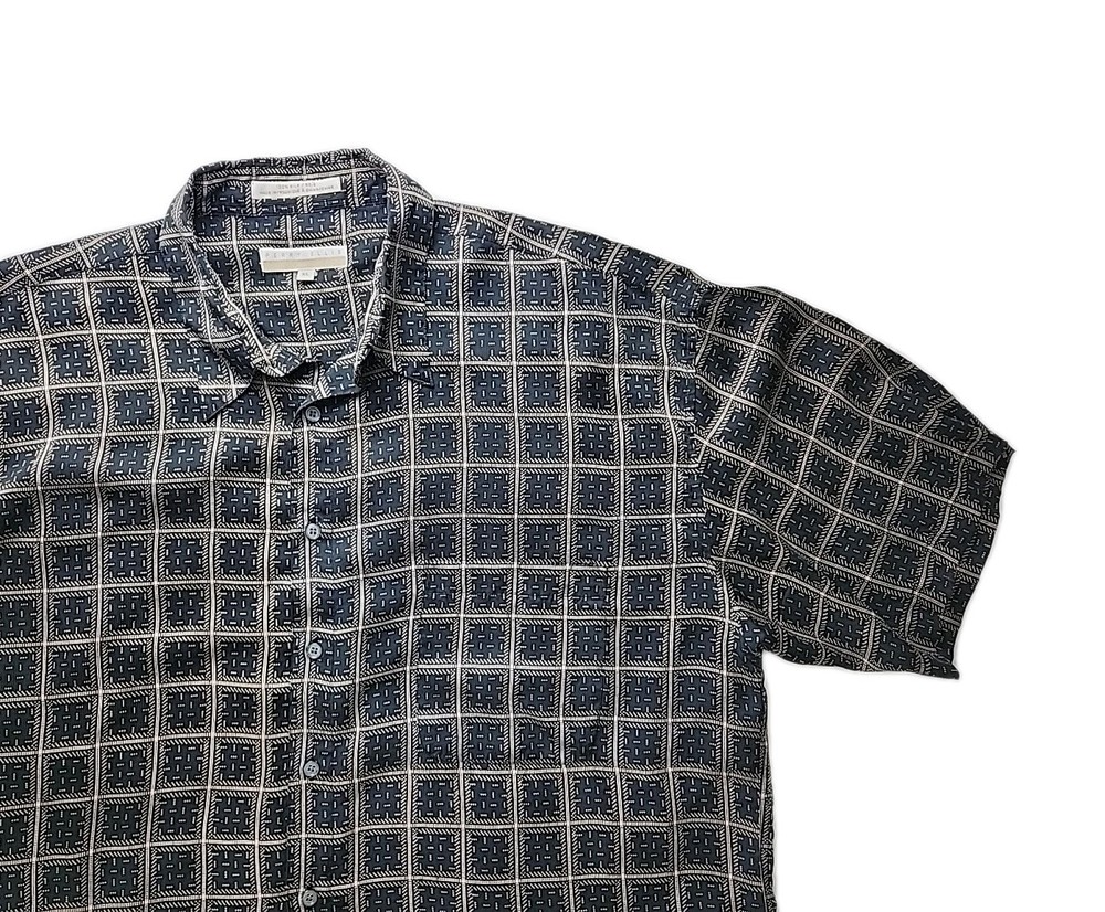 Men’s XL Perry Ellis 100% Silk Shirt Short Sleeve Button Up Luxury Black Geo AOP