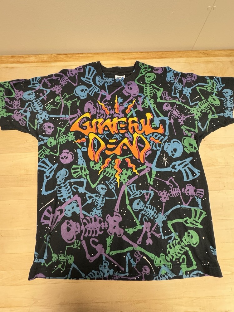 Vintage Grateful Dead Shirt Mens XL Black Skeleton All Over Print Brockum 90s