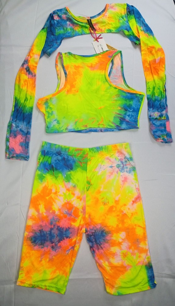 Women's Multicolor Tie Dye 3-Piece Jersey Outfit Set Crop Tops Shorts Junior WMS