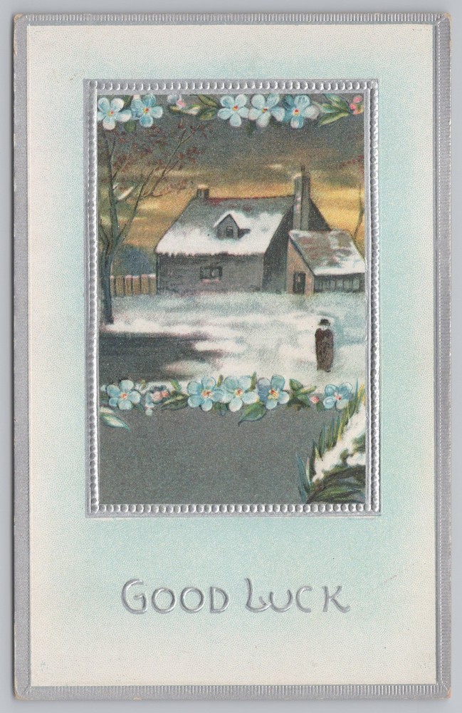 Greetings~Good Luck~Snow Cottage With A Blue Bonnets Top Banner~Vintage Postcard