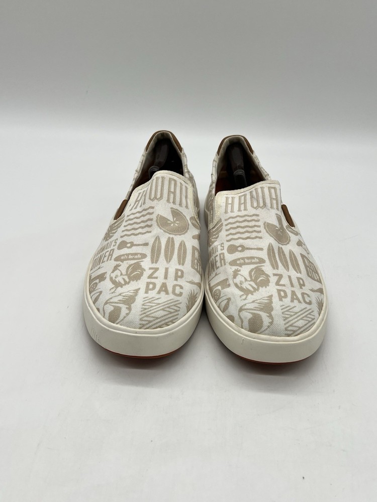 Olukai Lae'ahi Pa'i Men's Size 13 White Beige Canvas Slip On Hawaii Themed Shoes