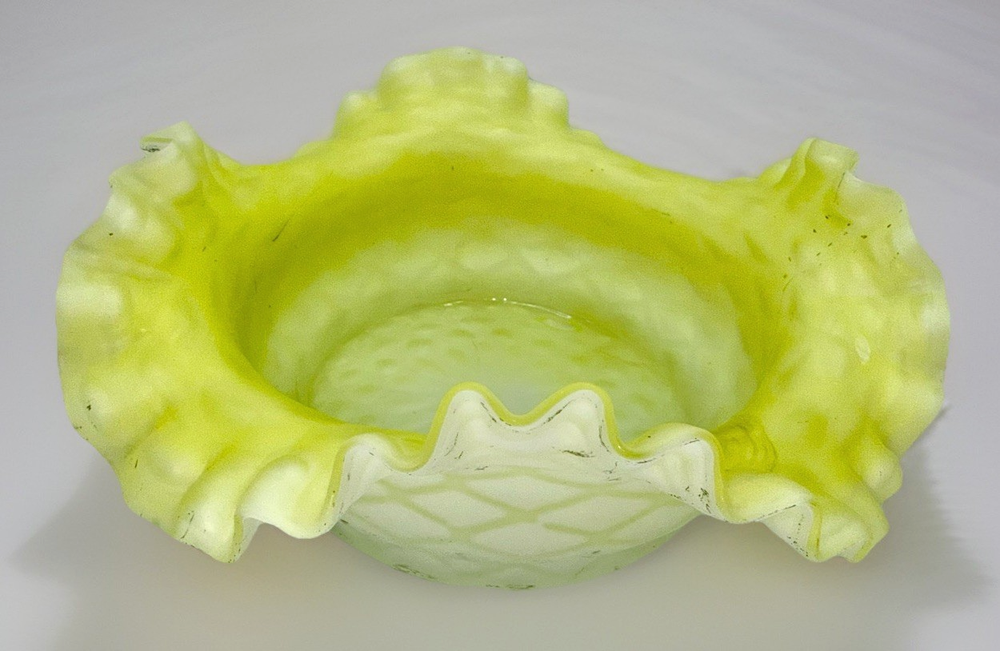 Victorian Cased Glass Bride's Basket Bowl Yellow Satin Floral & Basketweave