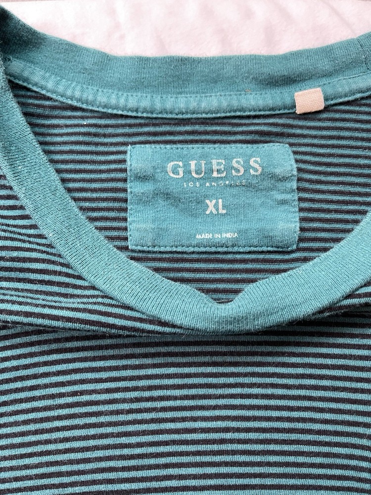 Guess XL Teal Black Striped Crew Neck T-Shirt Men’s Vintage Look