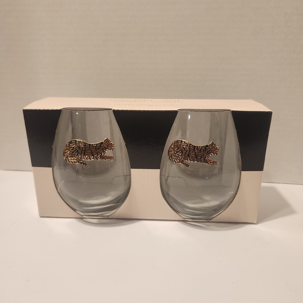 Rachel Zoe Set of 2 Tiger Jeweled Rhinestone 19 Oz Stemless Wine Glasses 562ml