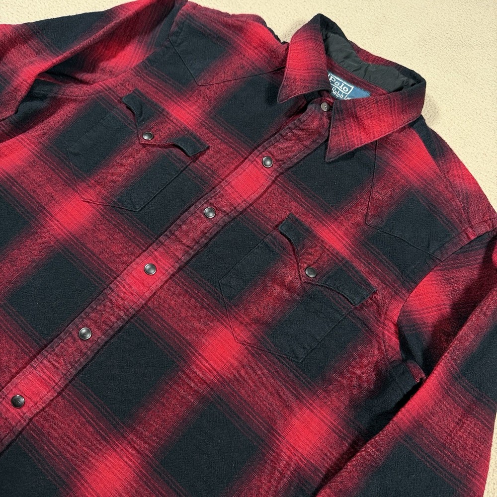 Vintage Polo Ralph Lauren Shirt Medium Red Black Flannel Pearl Snap Plaid Mens