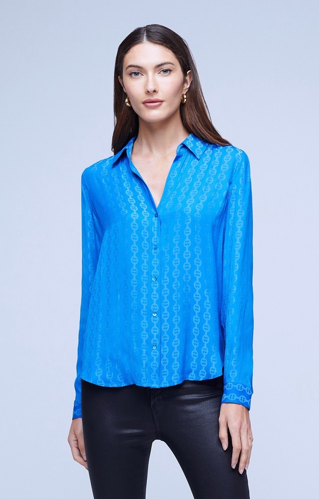L'AGENCE Holly Chain Print Blue Button Up Long Sleeve Blouse Size L Ret $330