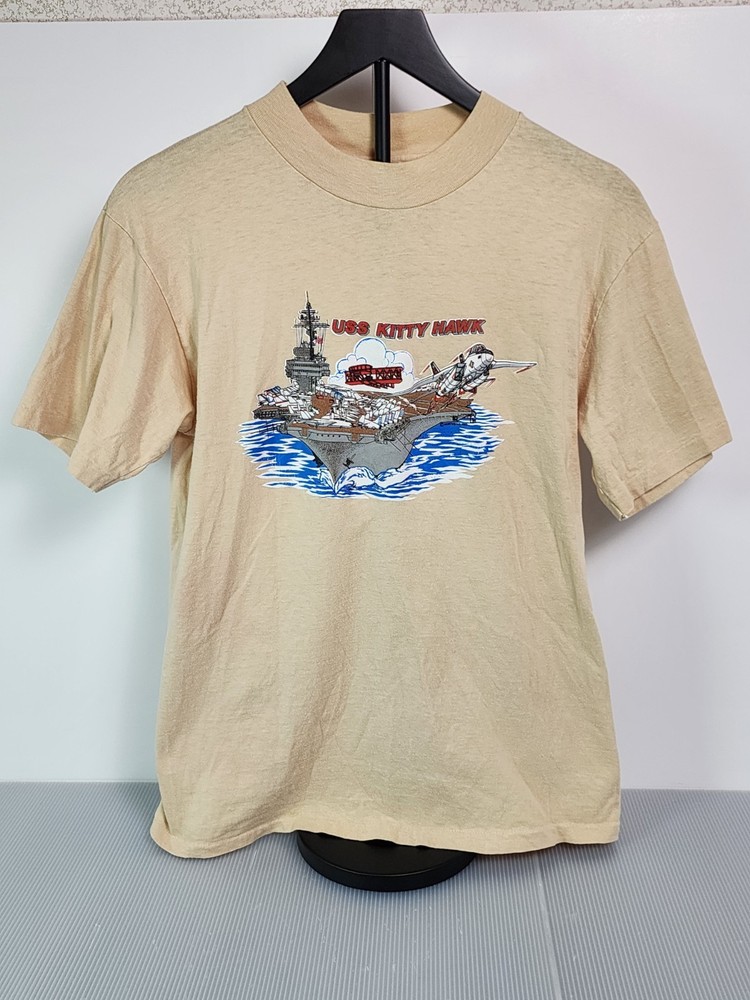Vintage US Navy USS Kitty Hawk Licensed 1983 Beige Shirt Size M Hanes Beefy Tag