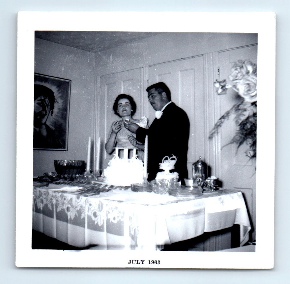 Old Vintage Square Photo MAN WOMAN BRIDE GROOM COUPLE EATING WEDDING CAKE