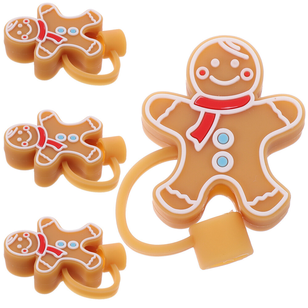 4 Pcs Gingerbread Man Straw Toppers - Drink Covers Dust Protectors  