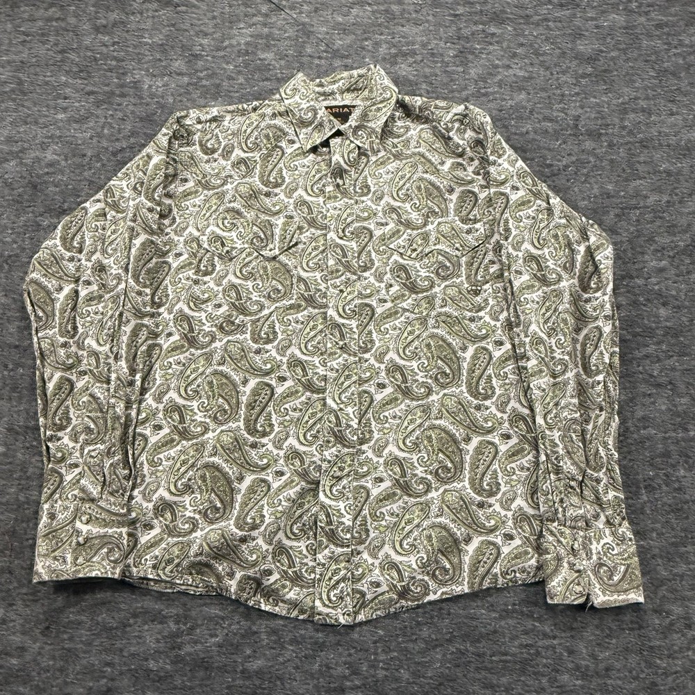 Ariat Pearl Snap Shirt Men’s M Green Paisley Western Long Sleeve Cowboy
