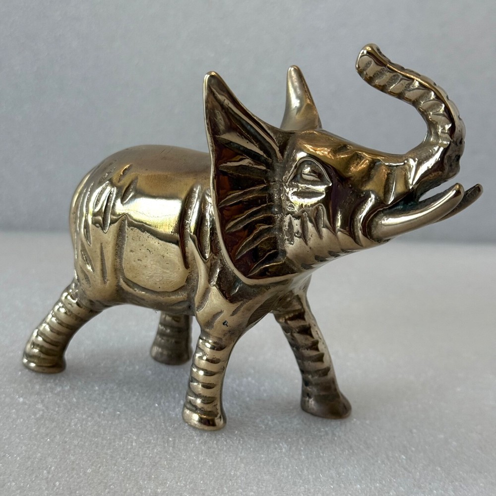 Small Brass Elephant Figurine Trunk Up for Good Luck African Decor Statue Figure