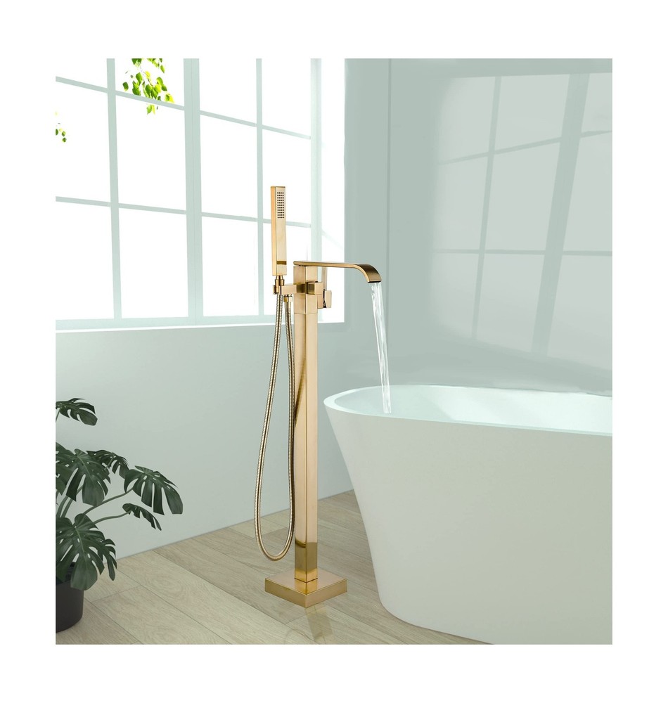 Freestanding Bathtub Faucet Brushed Gold Floor Mount Waterfall Tub Filler Hig...