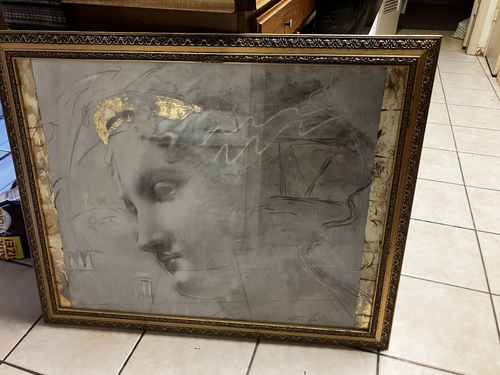 Framed Portrait Drawing of Woman with Gold Leaf Accents on Paper Pencil Art