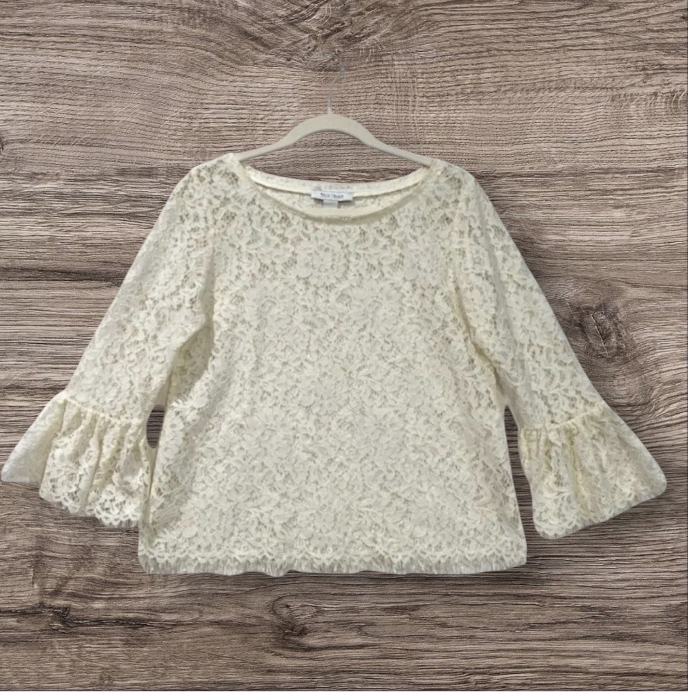 WHBM Womens Bell Sleeve Lace Top Size 6 Sheer Coquette Summer Romantic Chic $89