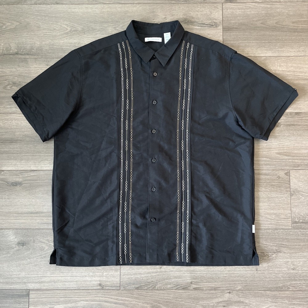 Cubavera Mens 2XL Button Up Short Sleeve Shirt Black Embroidered