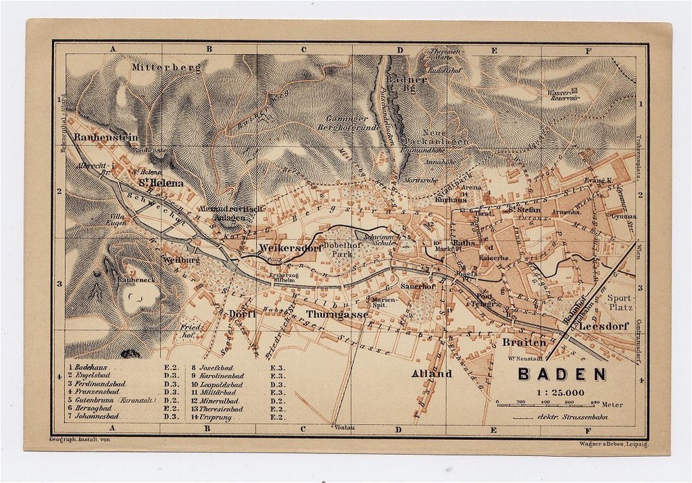 1903 Original Antique City Map Of Baden Bei Wien / Lower Austria