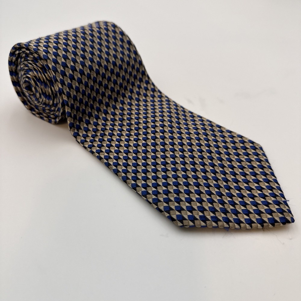 Round Tree & Yorke Men's 100 % Silk GEOMETRIC  Neck Tie  BROWN/Blue Preppy