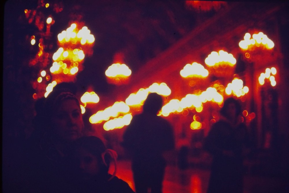 c1970's 35mm Slide Film Night Scene People Bokeh Lights Dark Woman Child Street