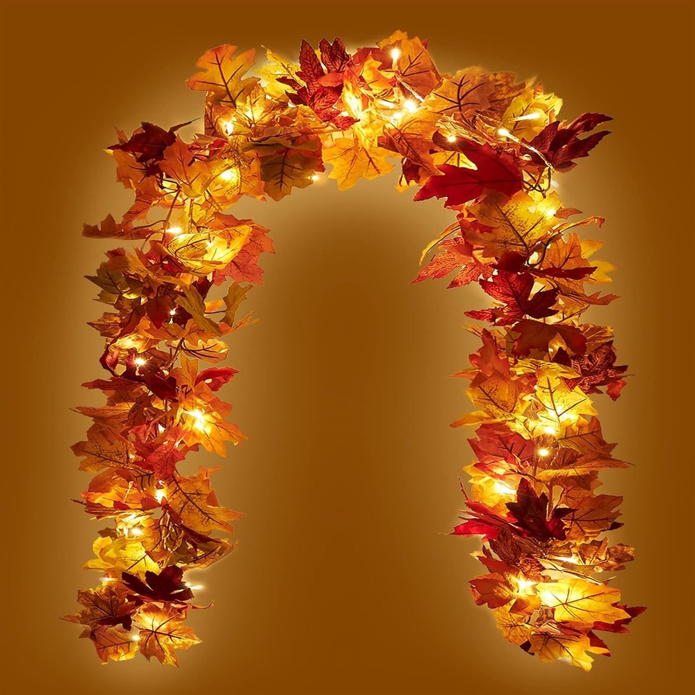 KASZOO 2 Pack Fall Maple Garland with 40 LED String Light- 7 Colors Light