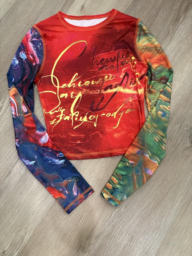 NWOT  Patchwork Printed Butter Soft Mesh Long Sleeve Crop Top Women’s Small