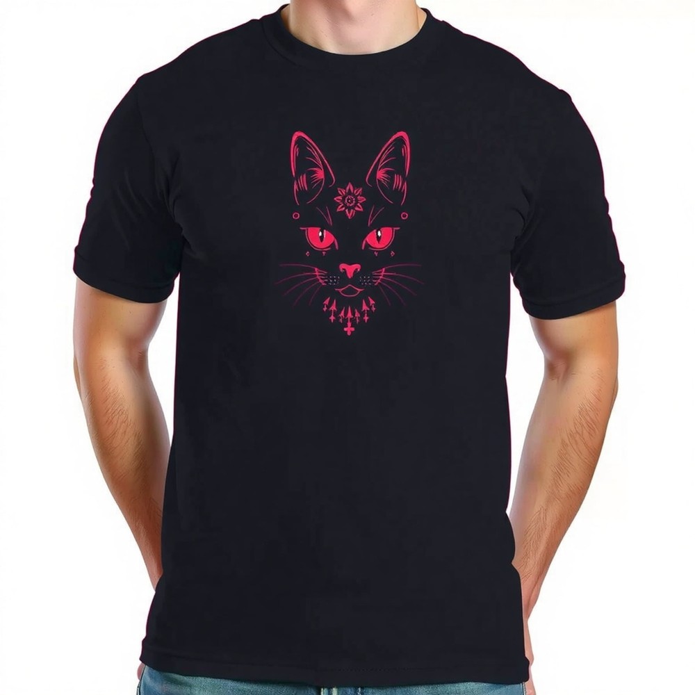 Gothic Cat Face Graphic T-Shirt - Bold Pink Design with Red Eyes