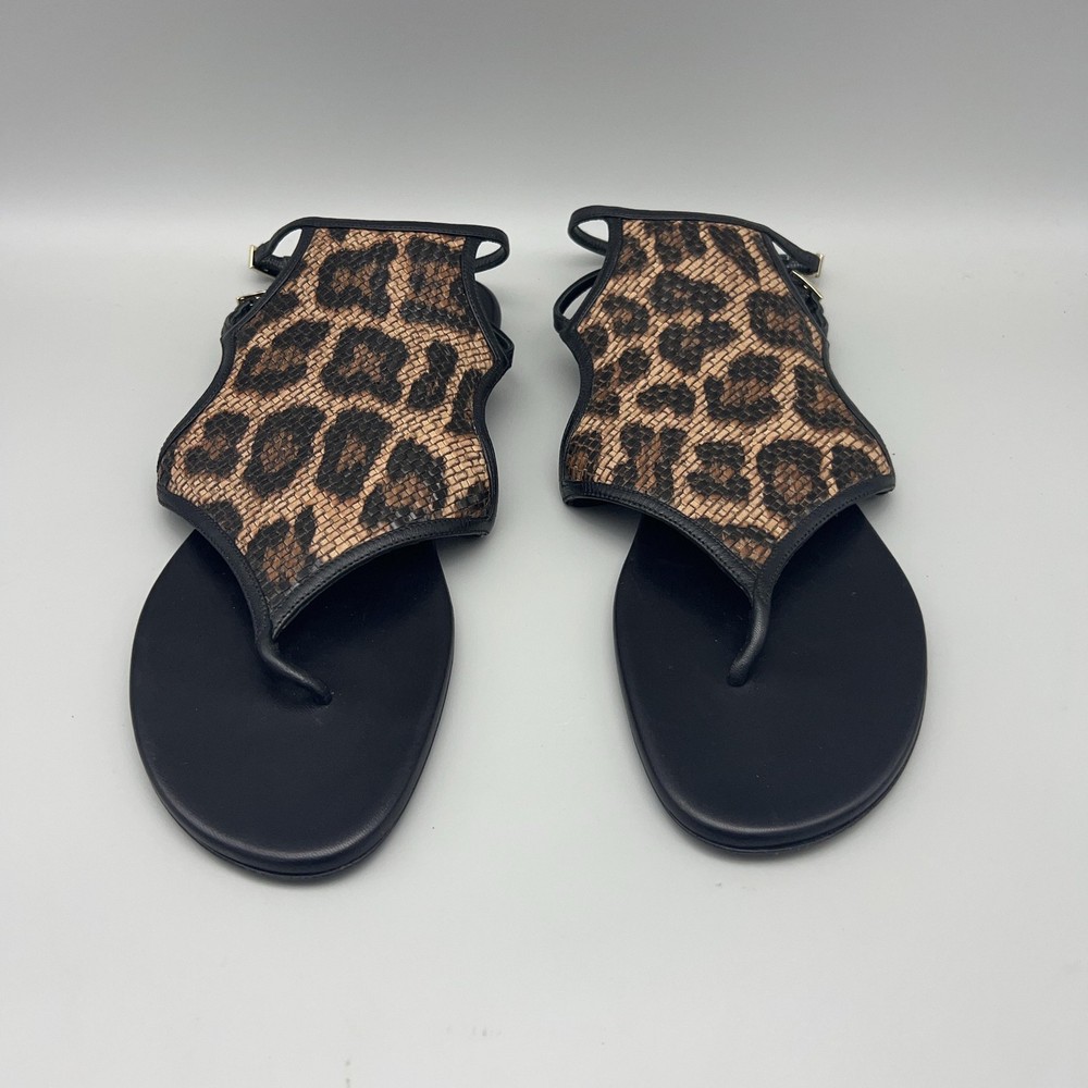 Tamara Mellon Sandals Womens Size 39.5 Black Leopard Thong T-Strap Leather Italy
