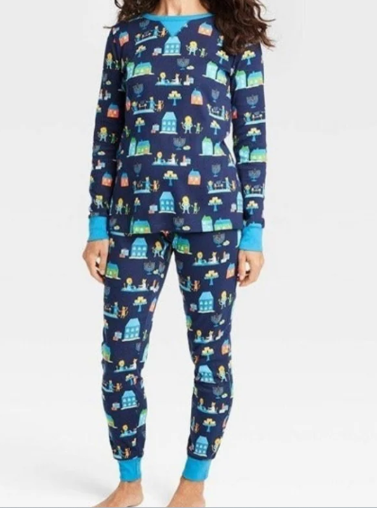 Women's Hanukkah Lions Print Matching Family Pajama Set  Size M Navy Blue