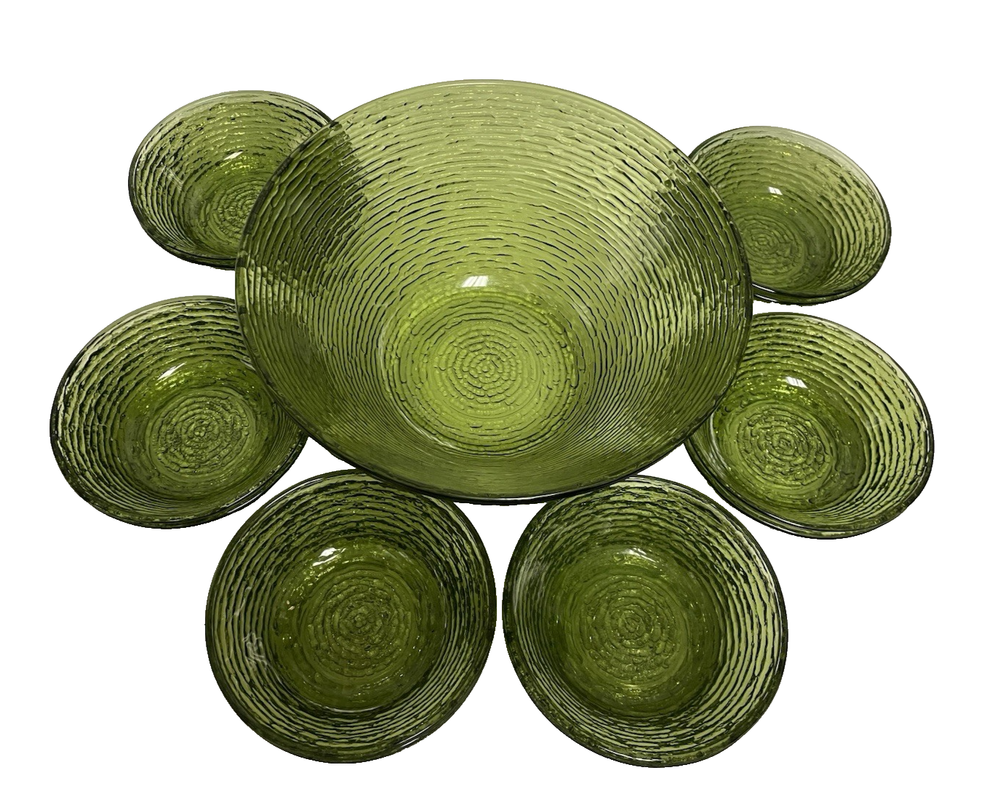 Vintage Anchor Hocking Soreno avocado Mid Century Modern serving bowl with 12 matching salad cereal bowls  