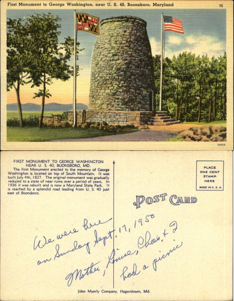 First Monument to George Washington Boonsboro Maryland MD vintage postcard