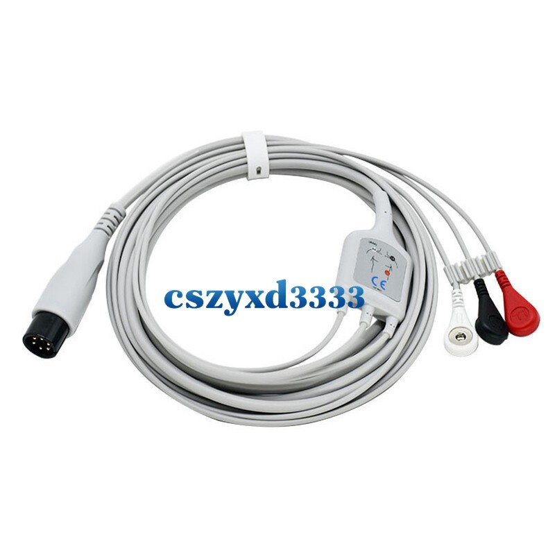 3-Leads Round 6pin Direct-Connect ECG Cable Snap AHA for Monitor