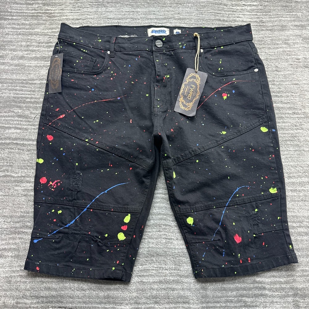 FRWD Denim Shorts Size 40 Mens Bermuda Paint Splatter Dark Wash Black NWT