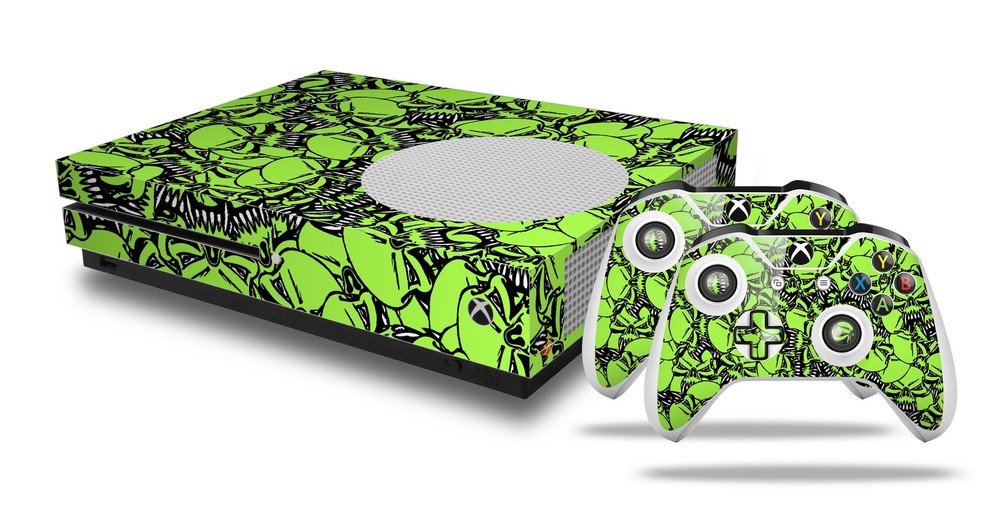 Skin XBOX One S Console Controller Scattered Skulls Neon Green