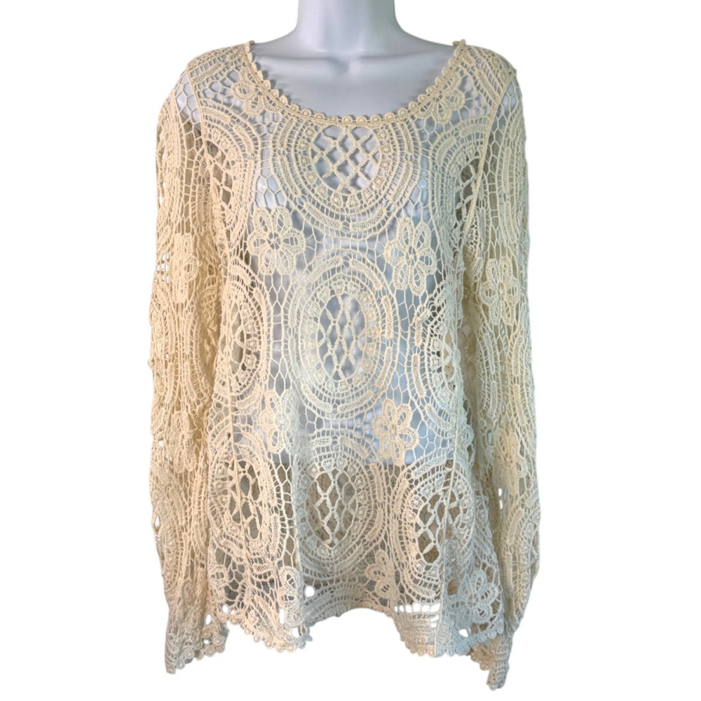 Boho Floral Lace Crochet Top Sz L Sheer Romantic Cottage Festival Country Fairy