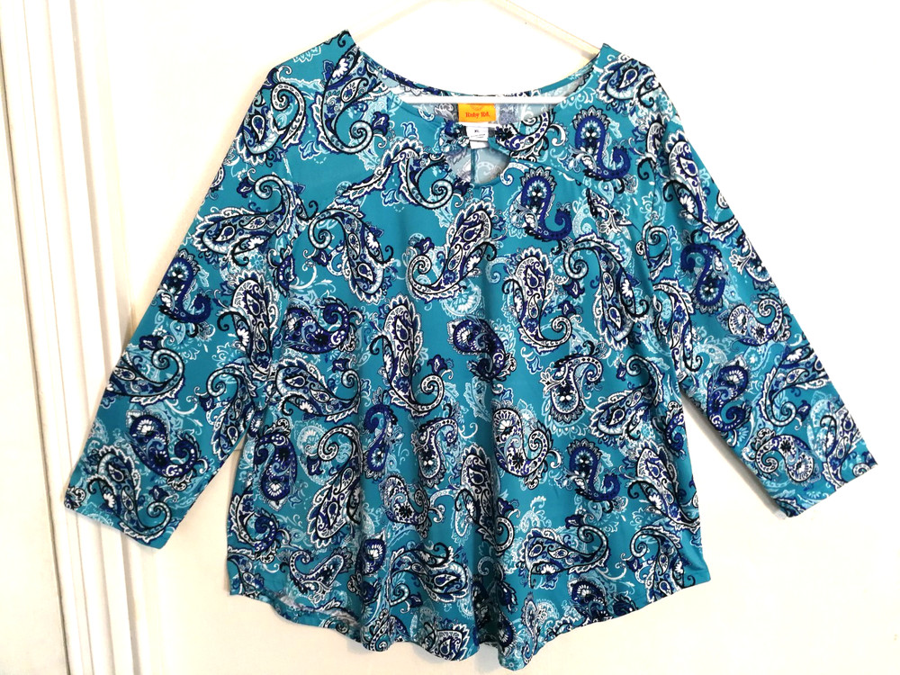 Ruby Rd Womens Blouse XL Paisley Teal Blue Embroidered Shirt Top 3/4 Sleeve Boho