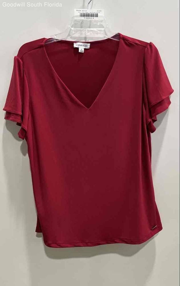 Calvin Klein Womens Red Short Sleeve V-Neck Pullover Blouse Top Size XL