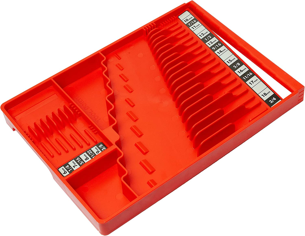 Red 12-Slot Steel Wrench Organizer with Non-Slip Grip  