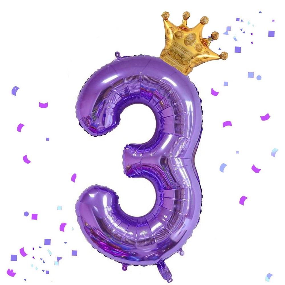 40 Inch Purple Number 3 & Mini Crown Balloon for Birthday Party Decorations, ...