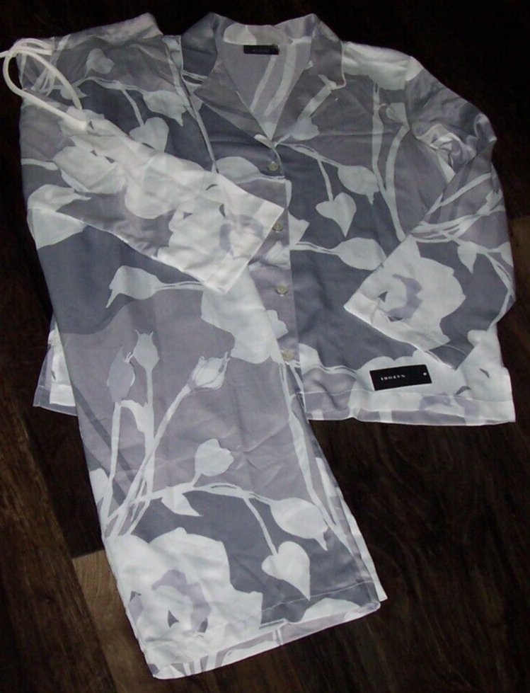Natori Nara White Silver Abstract Floral Pajama Lounge Set XL Satin-image