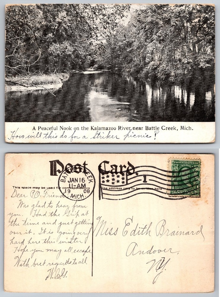 1908 Kalamazoo River Battle Creek MI Postcard RPPC Peaceful Nook Picnic