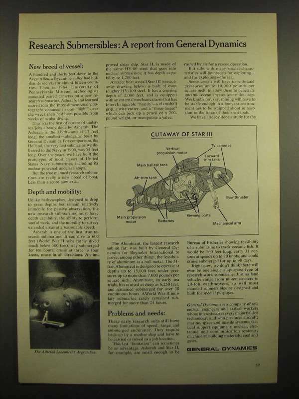 1966 General Dynamics Asherah and Star III Research Submarines Ad