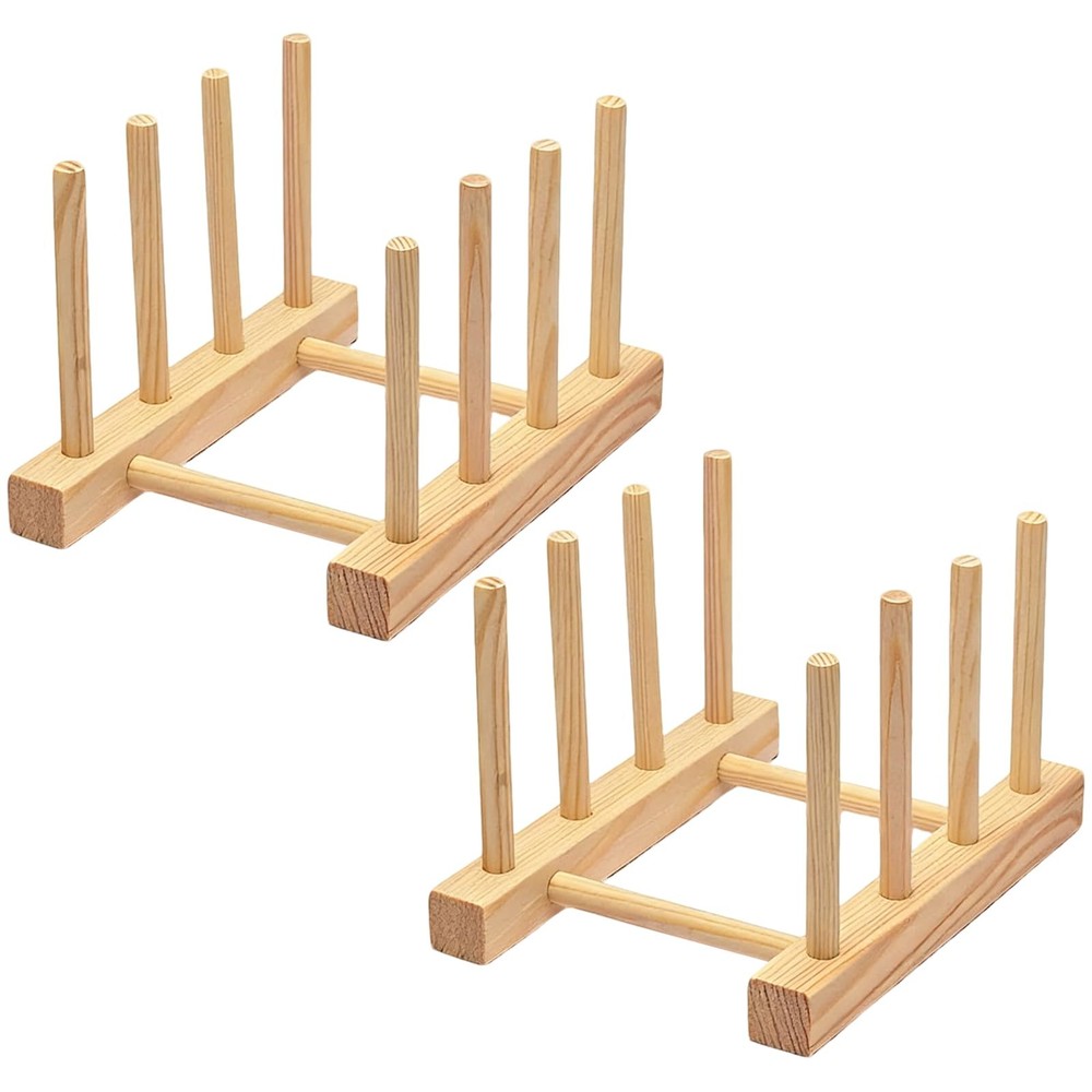 2 Pack Bamboo Dish Rack for Kitchen Cabinet and Countertop, Plate Organizer f...