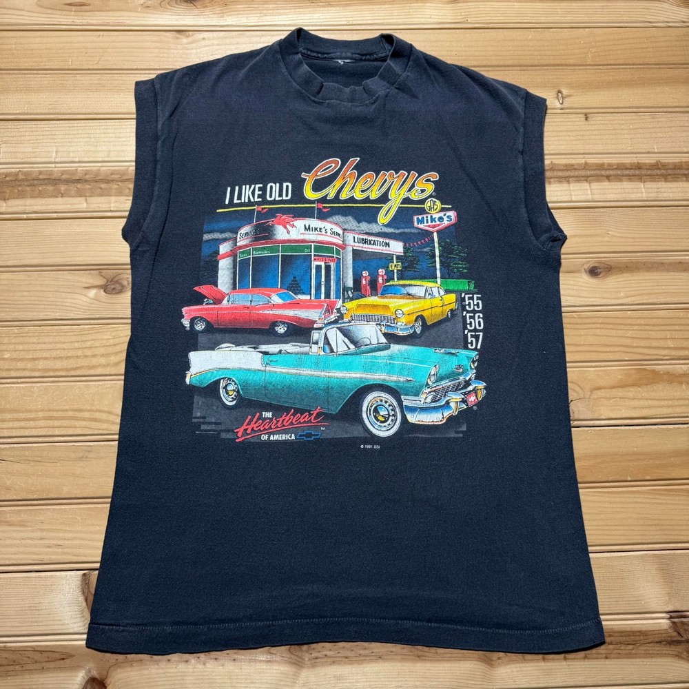 Vintage 1991 I Like Old Chevys Heartbeat of America Graphic Muscle Shirt Medium