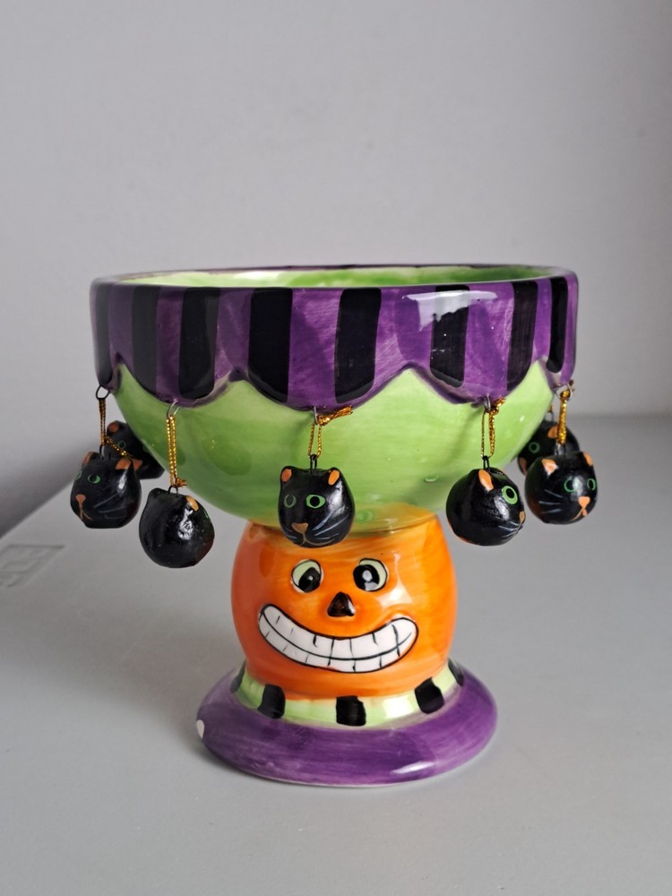 VTG. Halloween Retro Cats Pattern Jack O' Lantern Raised Ceramic Candy Bowl