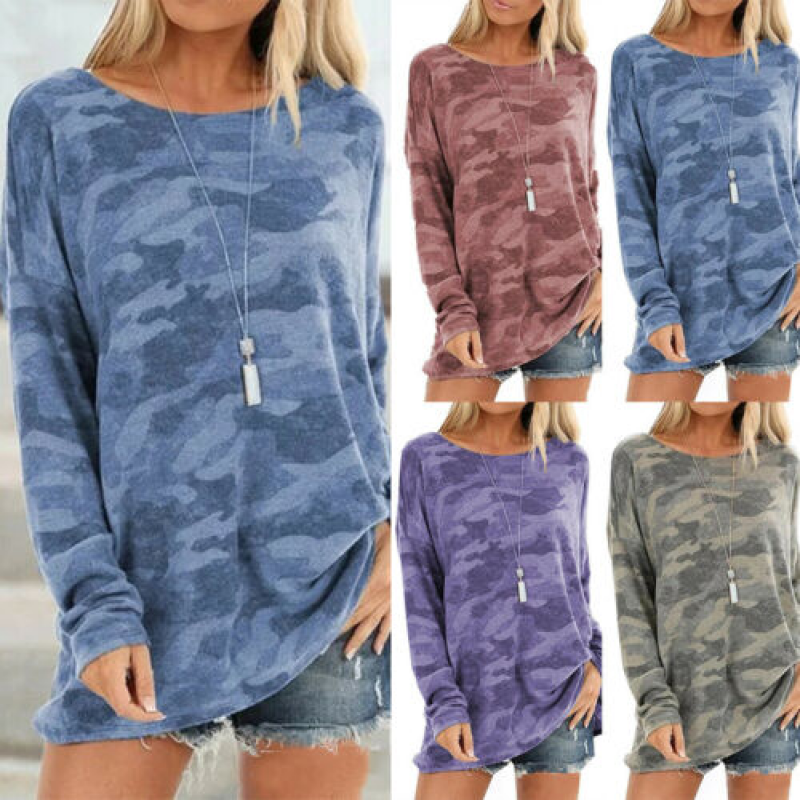 Women Long Sleeve Camouflage T Shirt Loose Pullover Sweatshirt Blouse Tunic Tops