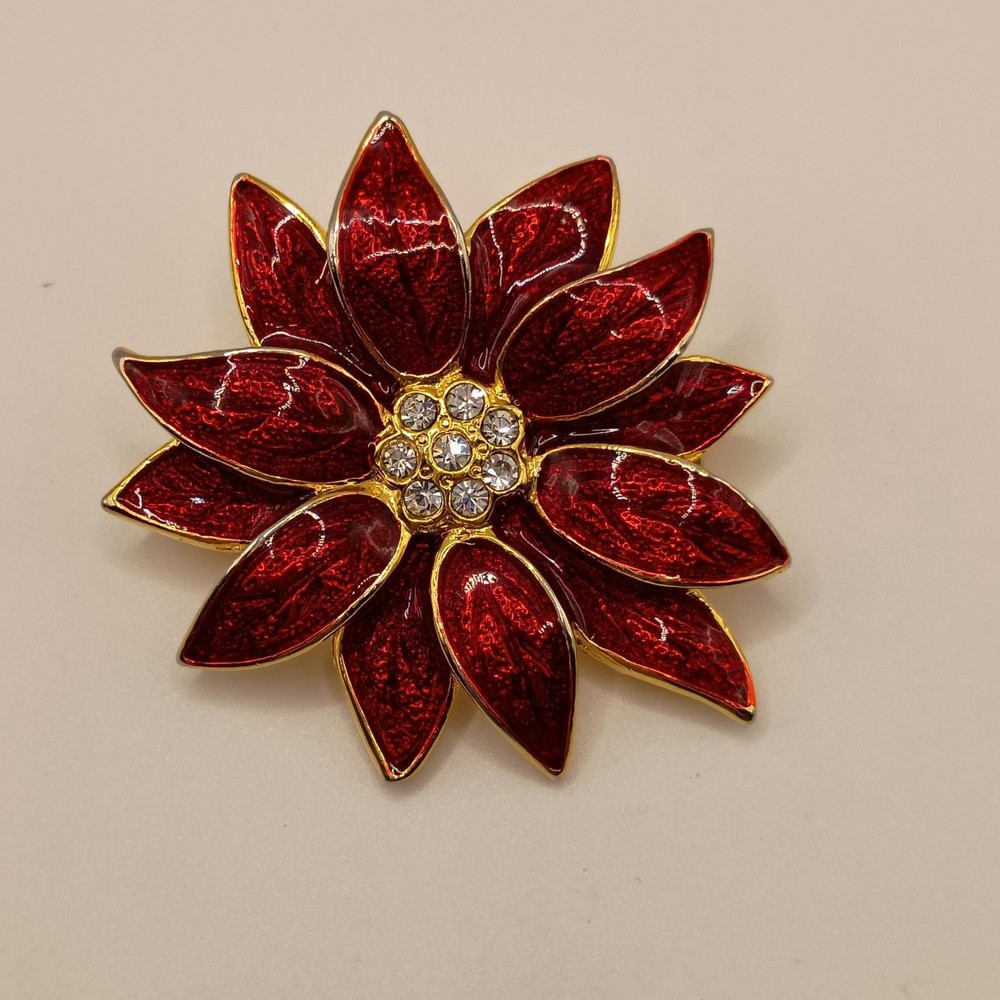 Vintage Christmas Poinsettia Flower Brooch Red Enamel Rhinestone Gold Tone