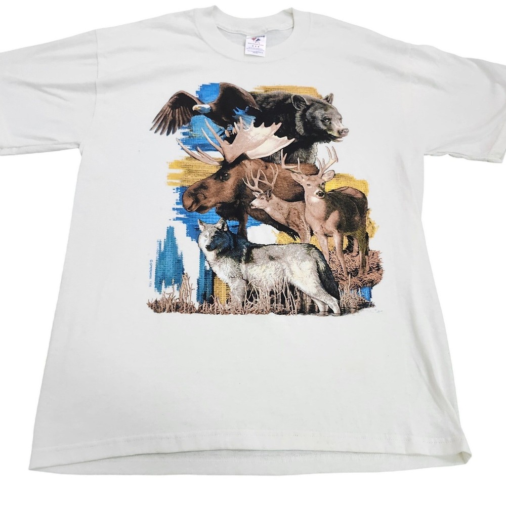 Vintage Jerzees Heavyweight White Wildlife Graphic T-Shirt Wolf Moose Bear Med