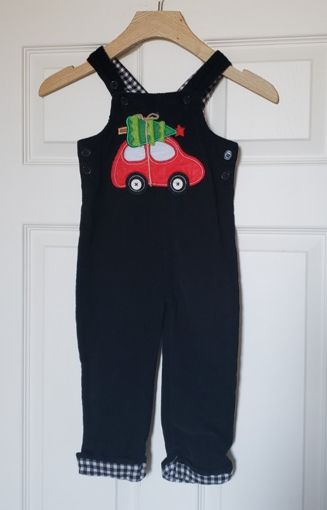 Mudpie Toddler Boys Black Corduroy Red Truck Christmas Overalls - Size 3T - EUC