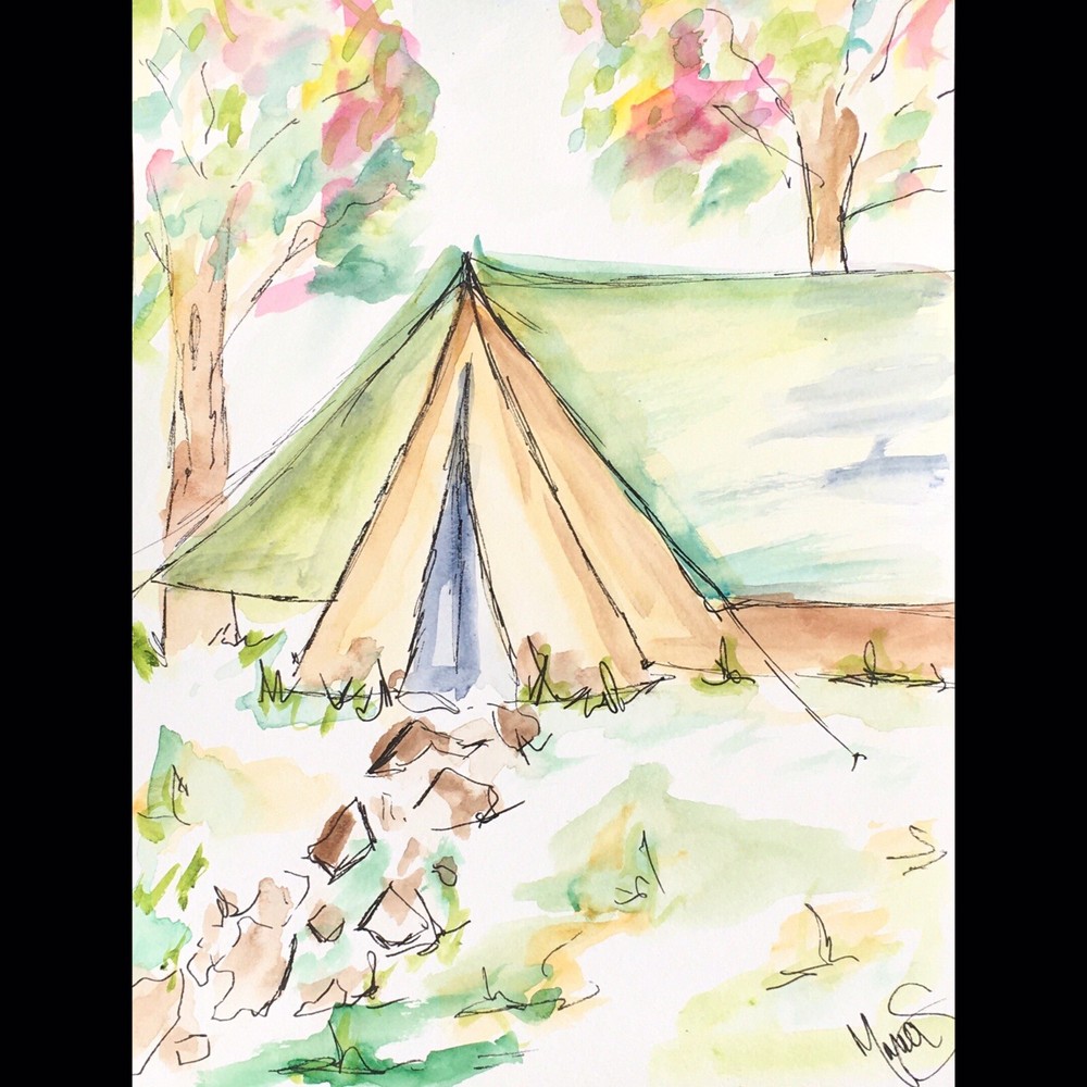 Maria Scalf Tent Camping Hiking Outdoors Wild Watercolor 9x12 ORIGINAL PAINTING