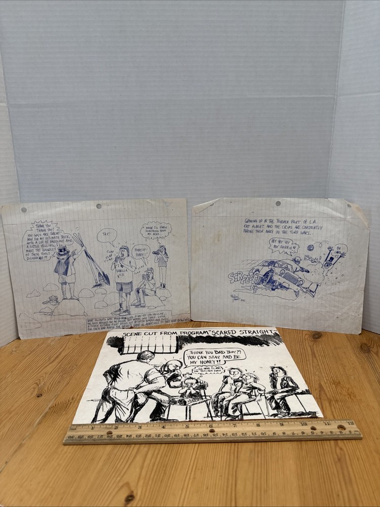 3 Vintage 1995 Art Sketches Depicting Prison, Crime, Crude Humor Artist Signed