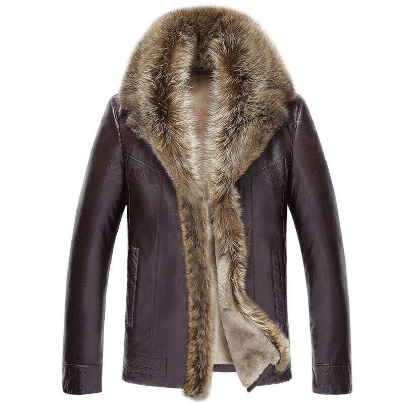 Men's Real Fox Fur Collar Leather Jacket Sheepskin Overcoat Thicken Wool Lining